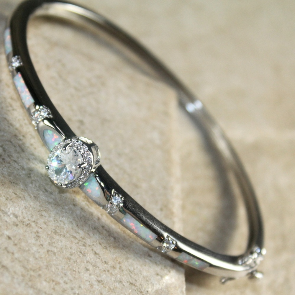 White Fire Opal White Topaz Silver Bracelet Cuff